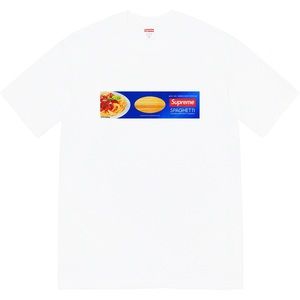Large white supreme spaghetti tee available soon